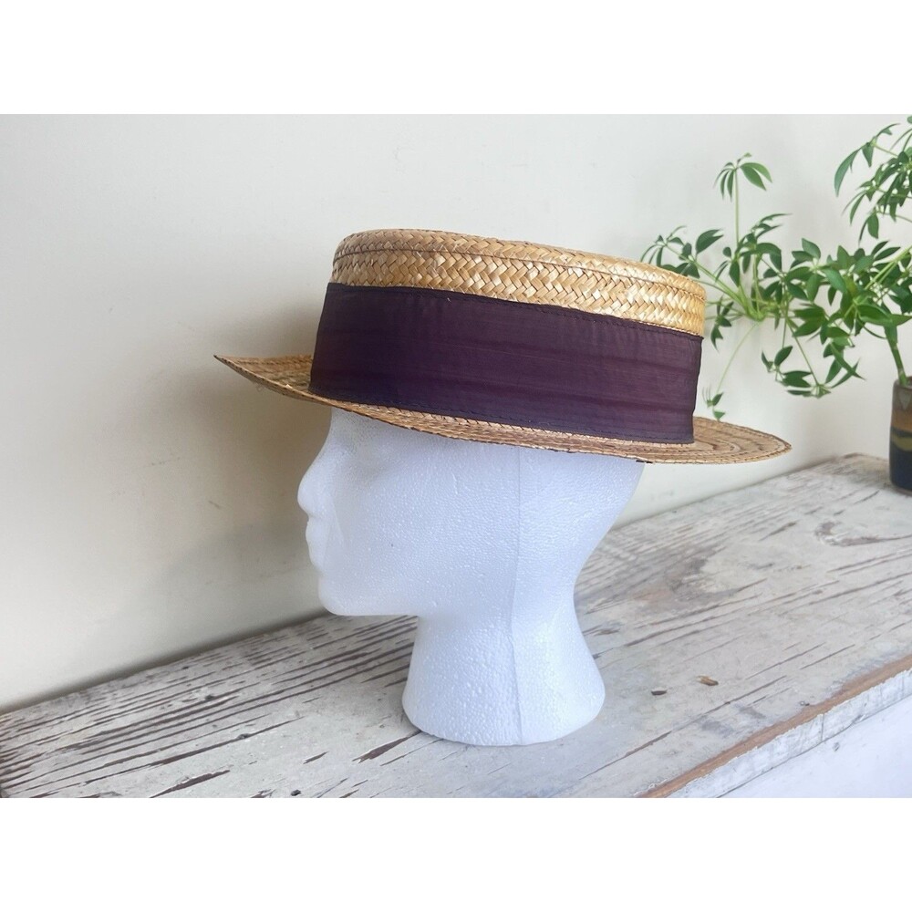 Antique Stiff Straw Boater Hat Deep Maroon Band Size 7 1/8”